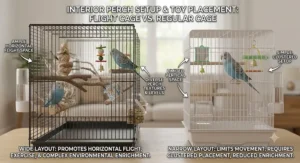 Perch layout and toy placement options inside a wide flight cage versus a narrow regular cage.