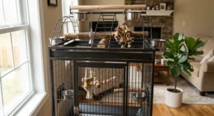 Spacious large play top cage for an African grey parrot with stainless steel feeding cups and toy attachment hooks.