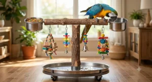 Large T-stand for macaw featuring dual stainless steel feeding cups and toy attachment hooks.