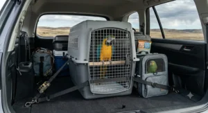 Sturdy large bird carrier strapped securely in the cargo area for a family road trip.