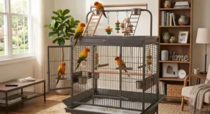 Large play top bird cage under 200 set up in a modern American home living room
