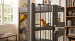 Close up detail of lock and bar spacing on a large play top cage under 200 dollars