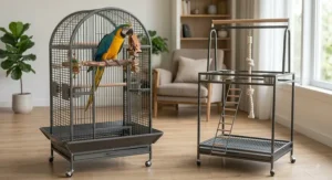 Large macaw enjoying a spacious dome top cage placed next to a standalone playstand