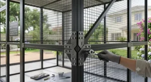 Detailed view of durable steel wire mesh panels on a metal walk in flight cage frame