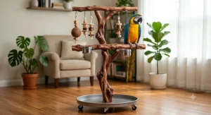 Durable natural manzanita wood T-stand for macaw designed to support large parrot claws.