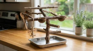 Natural branch wood bird t-stand perch designed for healthy bird feet