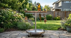 Weather-resistant outdoor T-stand for macaw flight training and sunlight exposure.