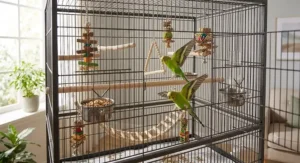 Illustration of two parakeets flying and playing inside a spacious tall flight cage.