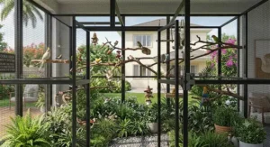 Natural planted walk in flight cage landscaping featuring non-toxic foliage for small birds
