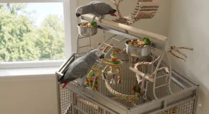 Detailed setup of play top bird cages showing stainless steel feed bowls and toy hangers.