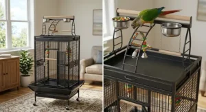 Parrot enjoying the open-air play gym on top of a spacious play top bird cage.