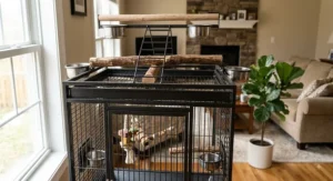 A durable black wrought iron play top bird cage designed for African grey parrots, equipped with a top ladder, dual cups, and play gym.