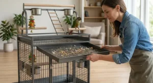 Owner removing the top debris tray on a play top bird cage for easy cleaning
