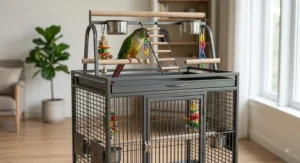 Large play top parrot cage featuring built in open air playgym with wooden perch and food bowls