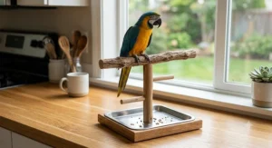 Portable tabletop bird t-stand perch with tray for easy cleaning