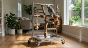 Rolling bird t-stand on wheels for moving pet birds around the house