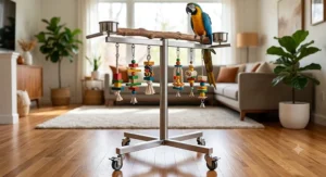 Rolling metal T-stand for macaw parrots with lockable caster wheels for easy mobility in living rooms.