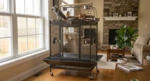 Mobile play top cage for African grey parrots featuring rolling casters and a built-in seed catcher guard.