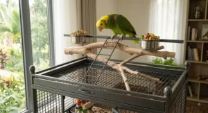 Close-up of the open-air play gym on top of a rolling play top cage