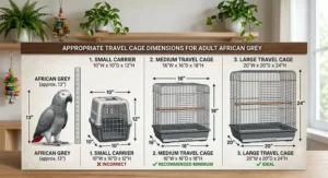 Size comparison chart showing appropriate travel cage dimensions for an adult African Grey