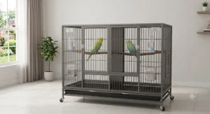 Compact wire bird breeder cage with a center partition wall for breeding parakeets.