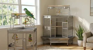 Space-saving corner play top bird cage with an integrated rooftop playstand.