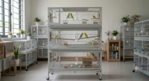 Space-saving triple stackable breeding cages arranged for optimal home aviary organization.