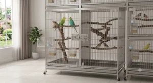 Spacious wire bird breeder cages housing a parakeet breeding pair with safety door locks.