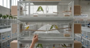 Wire stackable breeding cages displaying spring-loaded feeder doors, perches, and water bottles.
