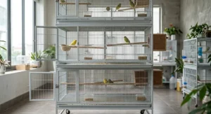 Stackable wire breeding cages featuring removable center dividers and sliding tray bottoms.