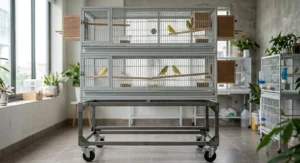 Two-tier stackable canary breeding cages equipped with external feeder cups and nest boxes.