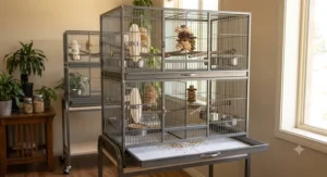 Stackable metal breeding cages for cockatiels designed with pull-out bottom trays for easy aviary cleaning