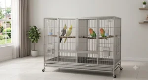 Rust resistant stainless steel bird breeder cages suited for cockatiels and lovebirds.
