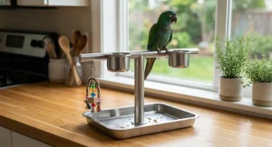 Durable stainless steel parrot t-stand with catching tray and toy hook