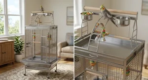 Stainless steel play top bird cage designed for medium birds like cockatiels and conures.