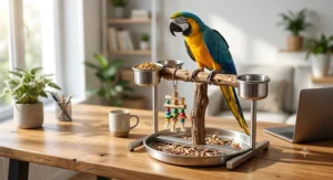 Compact tabletop T-stand for macaw bird care, suitable for placing on desks or counters.