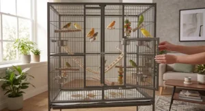Illustration showing a tall flight cage featuring double main doors for safe bird handling.