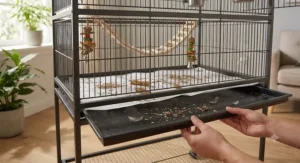 Illustration highlighting the easy-to-clean removable bottom tray of a tall flight cage.
