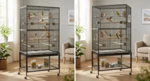 Illustration of a metal tall flight cage mounted on a rolling stand with a bottom storage shelf.