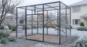 Outdoor walk in flight cage fitted with transparent wind and rain weather panels