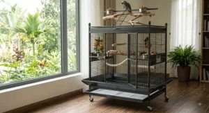 Black wrought iron rolling play top cage with perches and food bowls