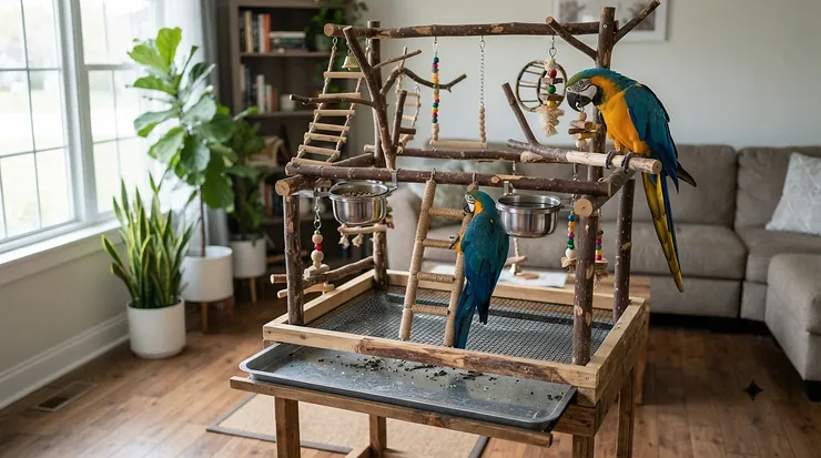 The best wooden play gym for African grey parrots with removable base tray for easy cleaning
