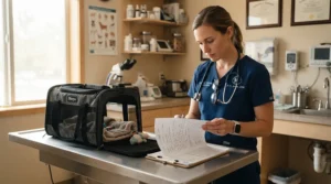 An avian veterinarian reviewing notes next to a bird carrier for first vet visit on an examination table