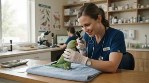 A safe bird carrier for first vet visit secured with a vehicle seatbelt for safe transportation