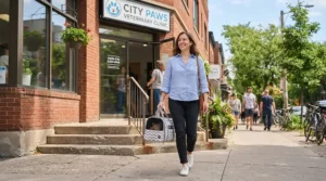 A pet owner gently holding a lightweight bird carrier for first vet visit before entering the clinic