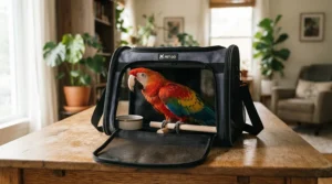 A colorful parrot resting calmly inside a bird carrier for first vet visit on a living room table
