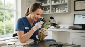A covered bird carrier for first vet visit designed for parakeet stress reduction in the waiting room