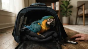 Minimizing stress with a proper bird carrier for large parrot vet transport in the waiting room