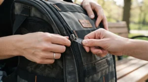 Checking the heavy-duty zipper on a bird carrier for large parrot vet transport for safety