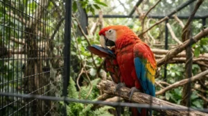 Bird carrier for large parrot vet transport featuring a sturdy internal wooden perch